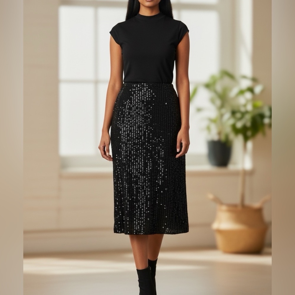CeCe Black Sequin Midi Skirt Small NWT